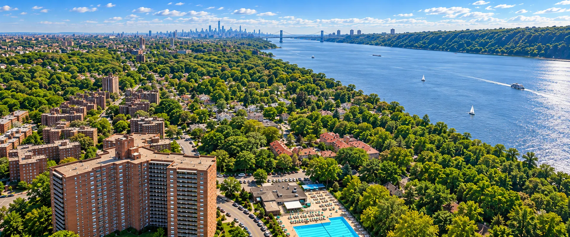 Aerial view of Riverdale in the Bronx overlooking the Hudson River and the George Washington Bridge