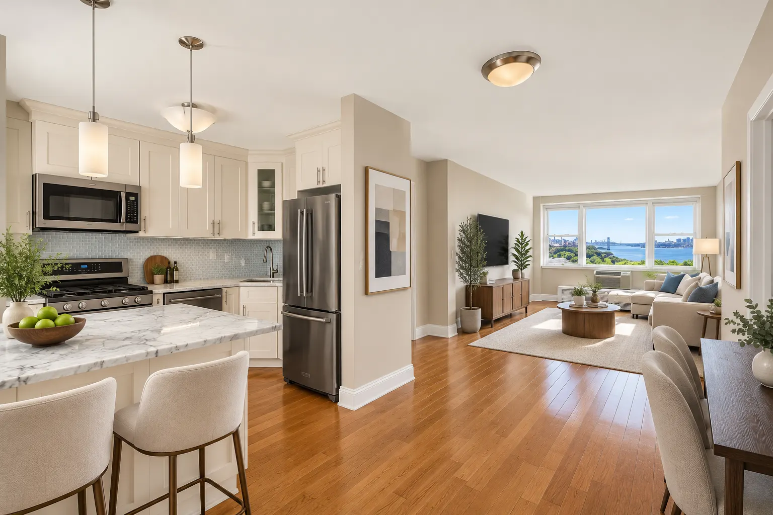 Open kitchen and living room with Hudson River views in a Riverdale apartment